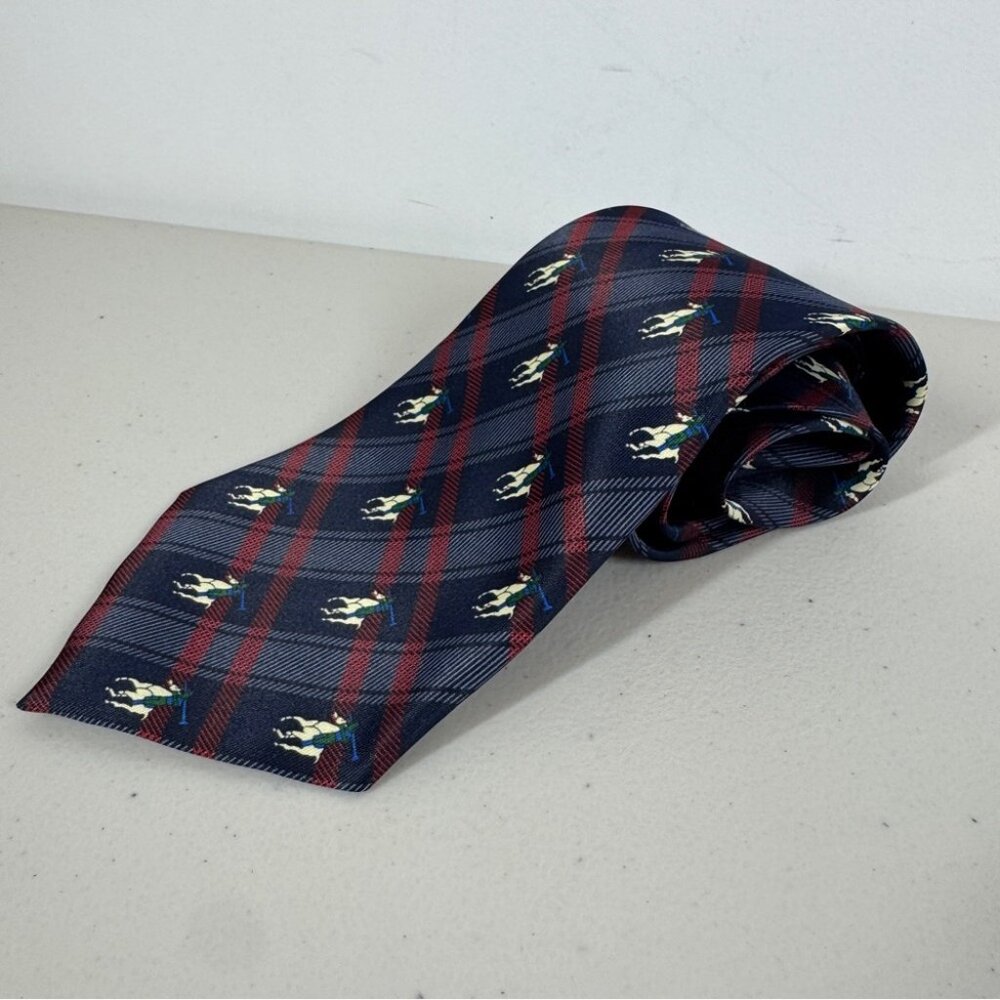 René Chagal Silk Polo Horse Tie Navy Plaid Equestrian Designer Necktie - Picture 2 of 12